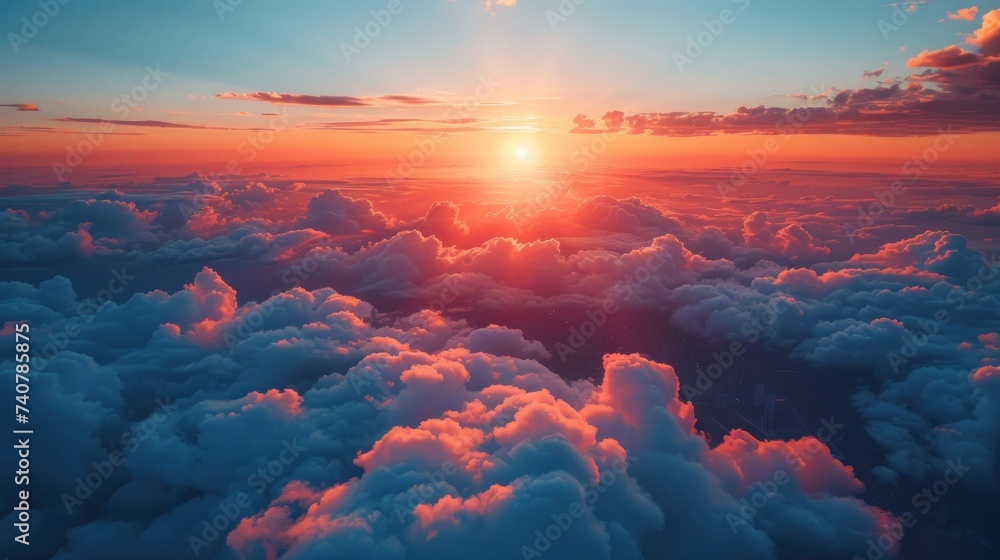 Mountains in clouds at sunrise in summer. Aerial view of mountain peak in fog. Beautiful landscape with high rocks, forest, sky. T
