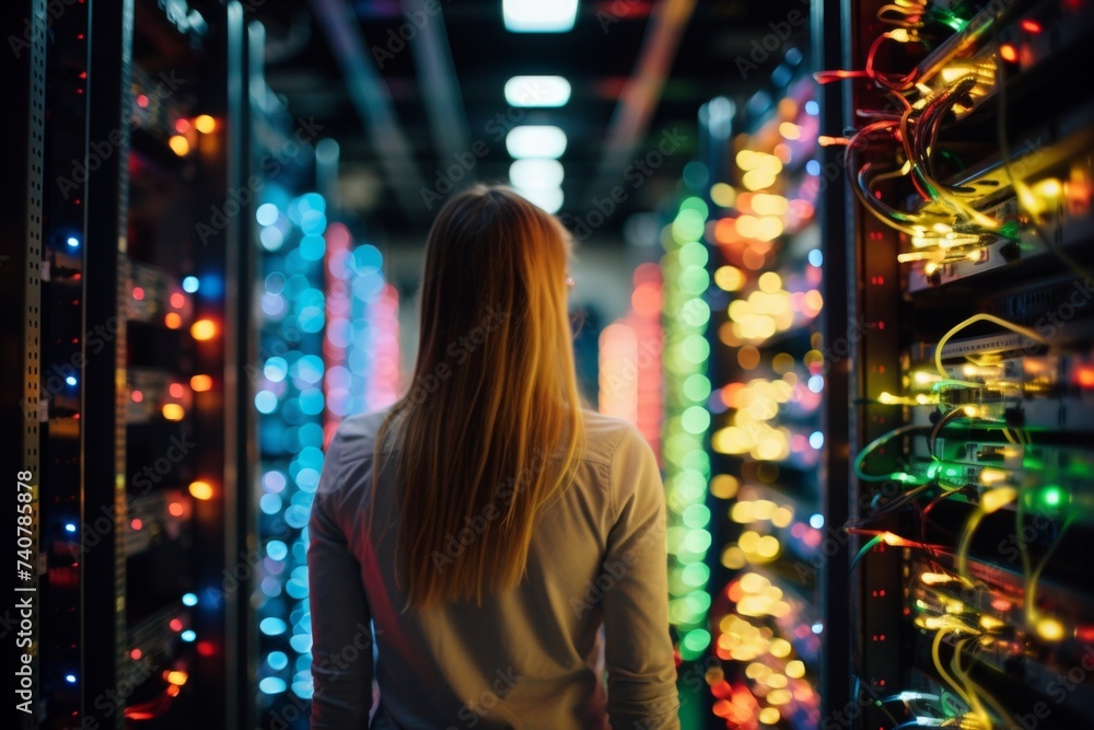 Fototapeta premium Female technician amidst blinking lights and rows of servers in server data storage room