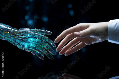 The robot and the person touch each other with their hands. Human-robot interaction