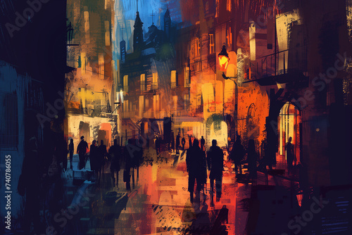 Digital painting of buildings in dark tone, city in night time with walking people, Generative AI