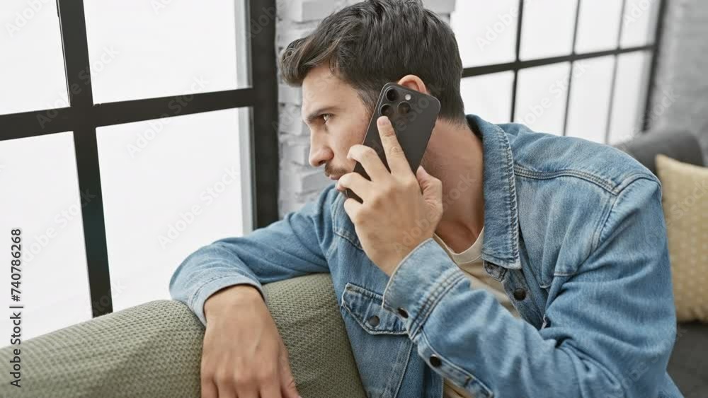 Handsome hispanic man with beard in denim jacket using smartphone in modern interior living room. Handsome hispanic man with beard in denim jacket using smartphone in modern interior living room.