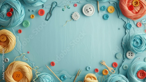 a paper crafted background with cute doodles of yarn, buttons, and sewing needles. The text space can be in the shape of a button photo