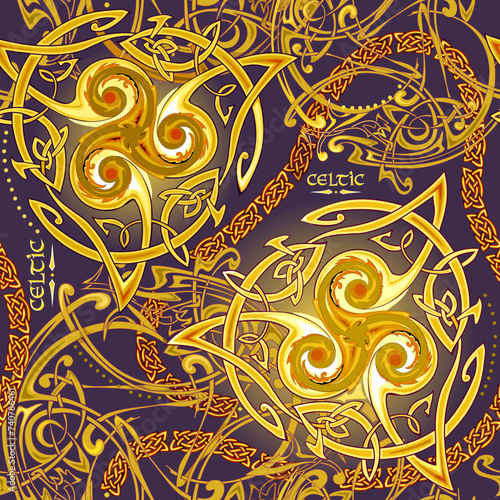 Seamless pattern ornament. Luxury golden background with ancient Celtic triskelion, Celtic knot and triple trickle spiral symbols. Drawing for design, fabric, mural wallpaper. Vector illustration.