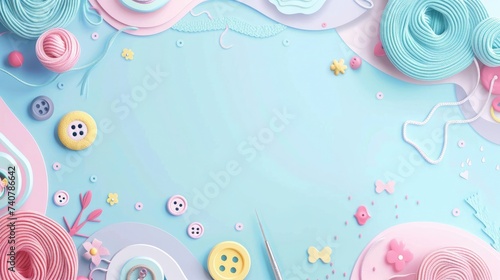 a paper crafted background with cute doodles of yarn  buttons  and sewing needles. The text space can be in the shape of a button