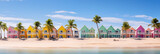 Beach colorful . Sand, sea, ocean, shells, starfish, palm trees, beach houses. Rest, vacation, relaxation.