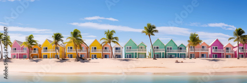 Beach colorful . Sand, sea, ocean, shells, starfish, palm trees, beach houses. Rest, vacation, relaxation. photo