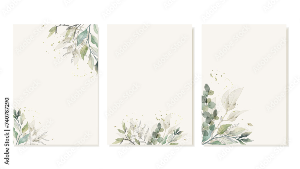 Covers With Watercolor Vector Green Leaves. Set of Backgrounds without text for Wedding Invitation, Flyers, Banners. Vector