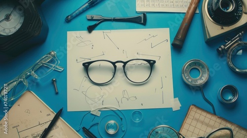 A paper crafted background with sketches of glasses, lenses, and eye charts. The text space can be in the shape of a pair of glasses photo