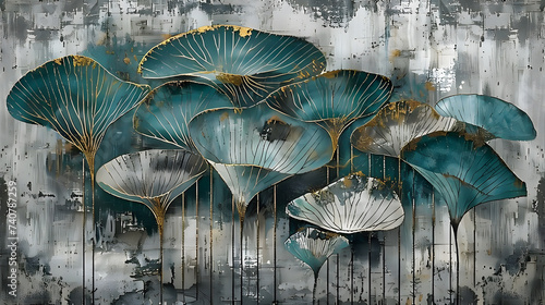 Modern abstract art showcasing blue and gold ginkgo leaves on a textured gray concrete background with dripping paint.
