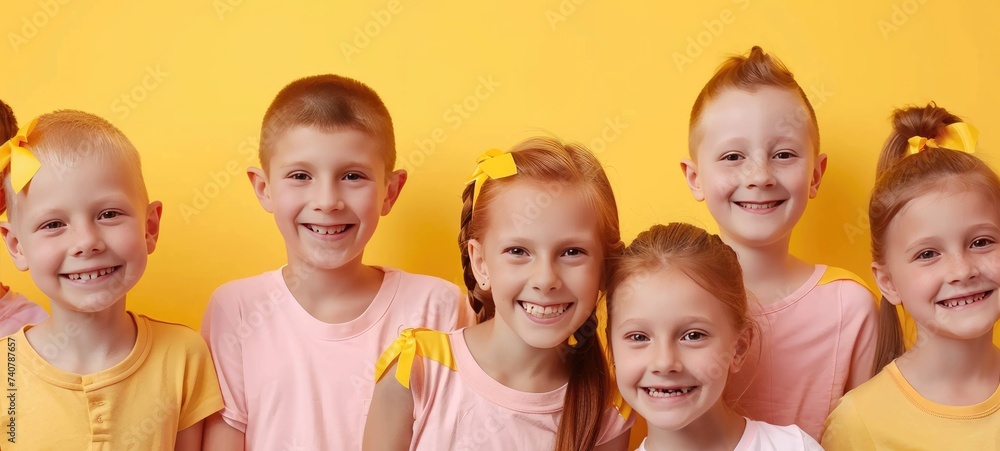 Many children on color background. International Childhood Cancer Day Many children on color background. International Childhood Cancer Day