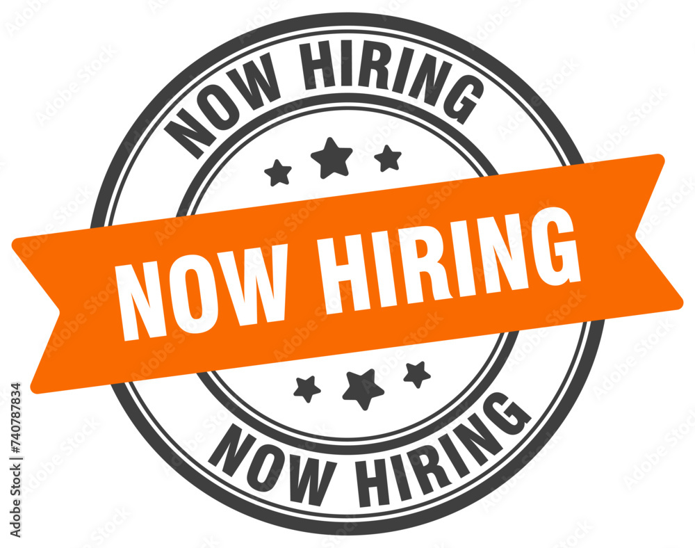 Fototapeta premium now hiring stamp. now hiring label on transparent background. round sign