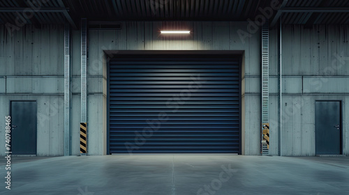 front view industrial roller door in a grey concrete building. exterior of commercial building design