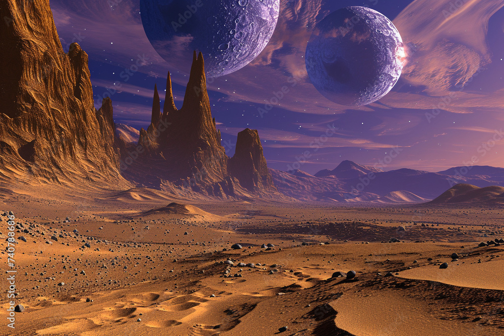 Artistic rendering of an extraterrestrial desert combining elements of science fiction and fantasy to depict a vast uninhabited landscape under a dual moon sky highlighting its mysterious and - obrazy, fototapety, plakaty 