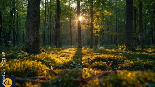 Beautiful forest in spring with bright sun shining through the trees, Forest with Sun photo