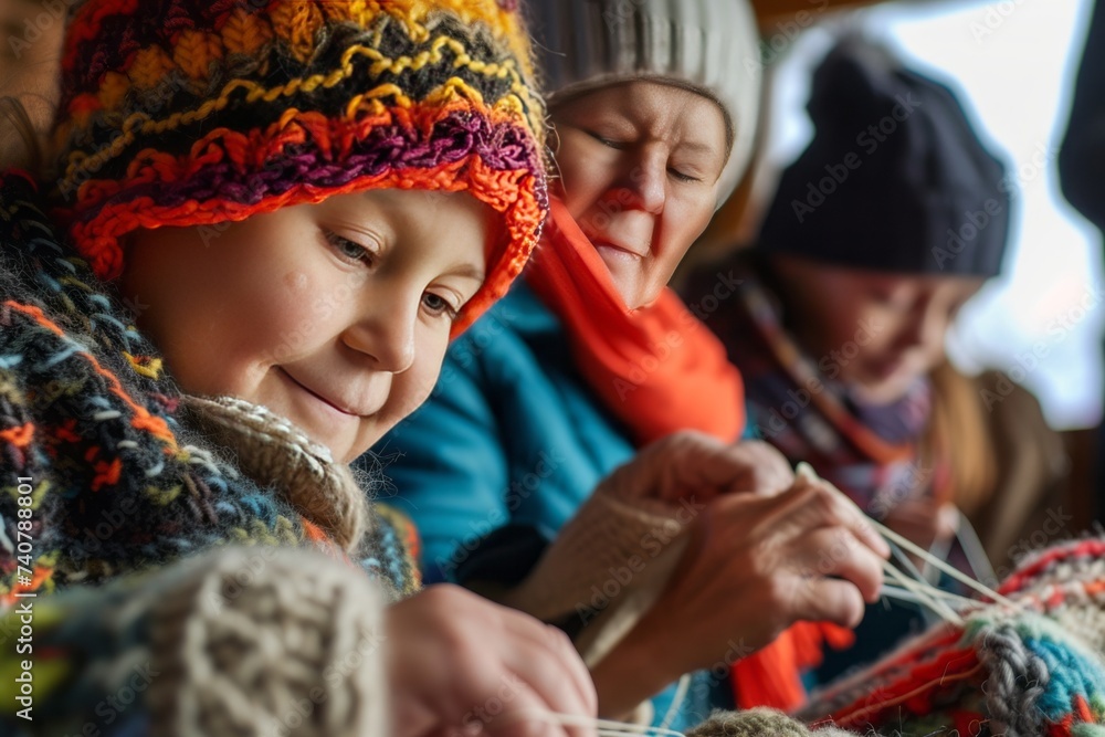 Volunteers of all ages knitting warm clothes for a charity drive, showing care and dedication to those in need.
