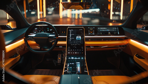 Close up shot of the interior of a driverless car focusing on the sophisticated dashboard and the AI interface that controls the vehicle highlighting the absence of a steering wheel to emphasize © JR-50