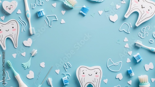 A paper crafted background with cute doodles of toothbrushes, toothpaste, and dental floss. The text space can be in the shape of a tooth photo