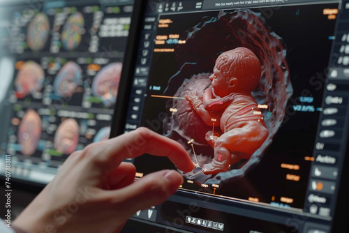 High definition image of a 3D ultrasound screen showing a detailed view of a fetus in the womb capturing the intricate development stages with annotations pointing to key features and growth