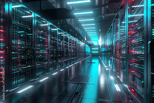 Photorealistic depiction of a high tech financial data center with rows of servers illuminated by dynamic LED lights processing vast amounts of digital financial transactions emphasizing the