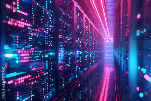 Photorealistic depiction of a high tech financial data center with rows of servers illuminated by dynamic LED lights processing vast amounts of digital financial transactions emphasizing the