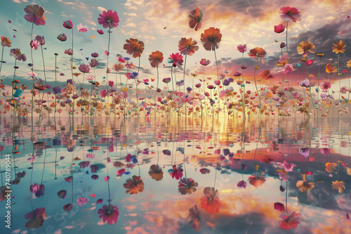 Photorealistic depiction of a surreal scene where a myriad of multicolored flower petals floats over a tranquil lake their reflection mirroring in the waters surface under a serene