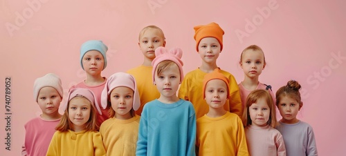 Many children on color background. International Childhood Cancer Day