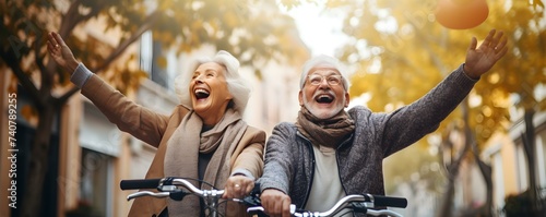Elderly couple happily highfiving outside with bikes embracing active healthy lifestyle. Concept Outdoor Photoshoot, Elderly Couple, Healthy Lifestyle, Biking, High Five photo