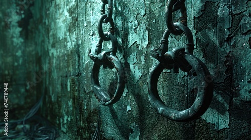 Handcuffs dangling on a weathered prison bar backdrop