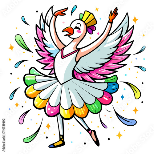 A graceful swan wearing ballet attire, executing a perfect pirouette amidst a flurry of colorful feathers, pop art style