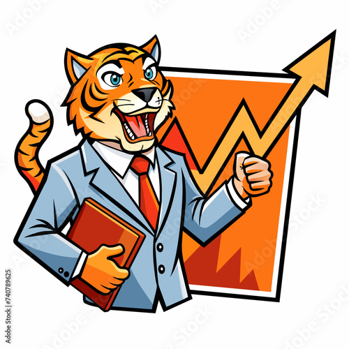 A fierce tiger in a business suit  roaring with confidence as it presents a sales chart  pop art style
