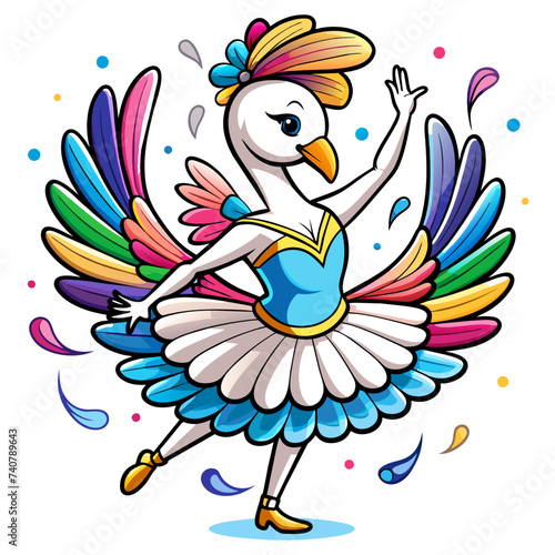 A graceful swan wearing ballet attire, executing a perfect pirouette amidst a flurry of colorful feathers, pop art style