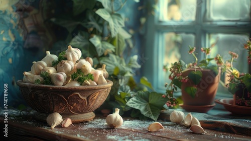 Culinary still life with aromatic garlic cloves and ivy