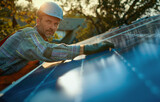 Homme installant un panneau solaire photovoltaique sur le toit d'une maison individuelle