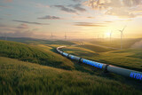 Réseau de distribution et de production d'énergie verte avec un pipeline a hydrogene traversant un superbe paysage avec des éoliennes
