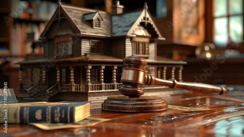 Auctioneer's gavel resting next to a model house on desk