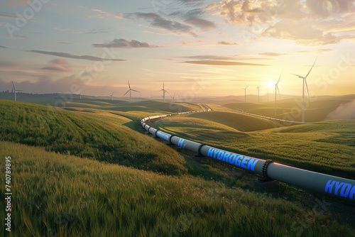 Réseau de distribution et de production d'énergie verte avec un pipeline a hydrogene traversant un superbe paysage avec des éoliennes photo