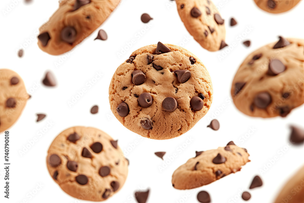 flying chocolate chip cookies isolated on a white background flying chocolate chip cookies isolated on a white background