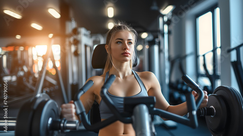 Attractive young woman engaged in a workout at a gym and the environment seems well-equipped for a variety of workouts.