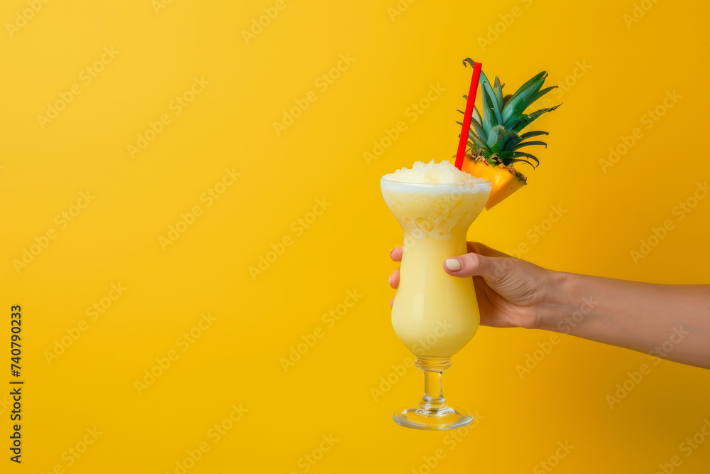Pina colada. Woman hand holding cocktail in tall glass on color background. Pina colada cocktail summer time - vacation. Traditional caribbean cocktail pina colada - obrazy, fototapety, plakaty 