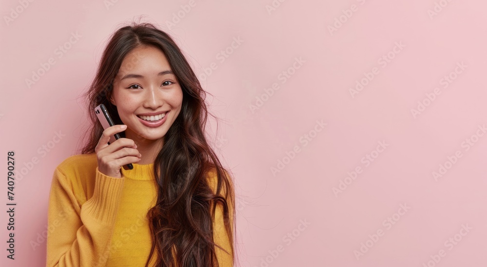 Asian girl using smartphone isolated on pink background with copy space for your text Asian girl using smartphone isolated on pink background with copy space for your text