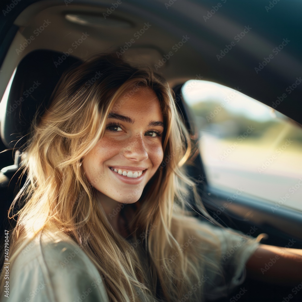 Beautiful young smiling blond woman driving a car Beautiful young smiling blond woman driving a car