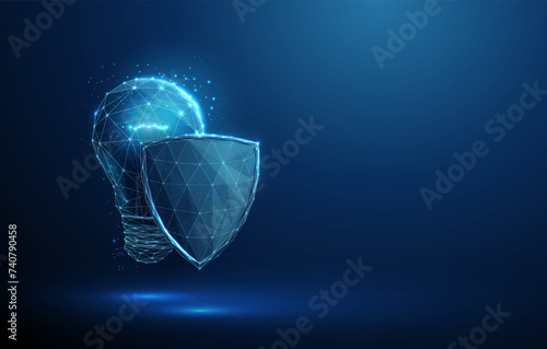 Abstract blue glowing lightbulb behind futuristic guard shield. Copyright protection concept. Low poly style.
