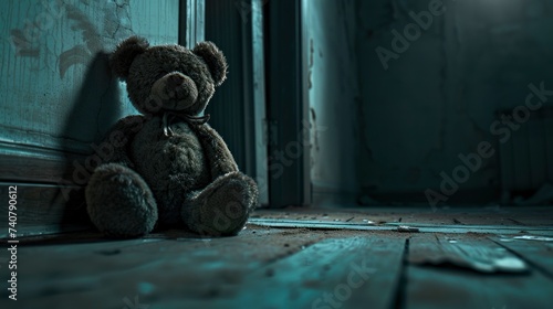 A teddy bear left alone in a dark room, symbolizing the impact of childhood trauma on mental health