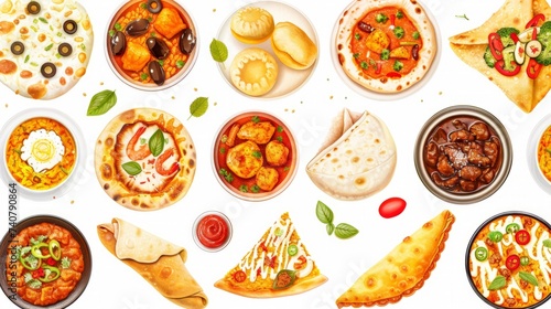 Desi, Indian traditional food set, top view. pizza, hummus, biryani, chicken curry, momos, tikka, korma, samosas. Food collection set isolated on white background.