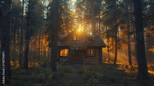A cabin in the woods, surrounded by tall pine trees, capturing the intricacies of the wooden exterior and the play of sunlight filtering through the branches.
