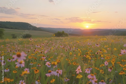 A tranquil scene of vibrant wildflowers blooming beneath a soft, pastel-hued sunset, casting a gentle glow over the natural landscape, creating a serene and picturesque moment in time. © JewJew