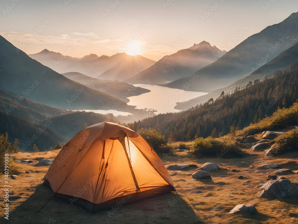 Camping tent on the top of a mountain in the mountains at sunset