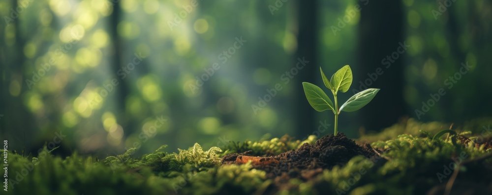A Small Plant Sprouts From the Ground in a Forest - obrazy, fototapety, plakaty 
