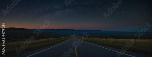 Isolated country road with an empty asphalt surface, framed by the tranquil night sky. 