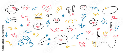 Colorful set of doodle vector elements. Hand drawn collection simple elements with hearts isolated on white background.